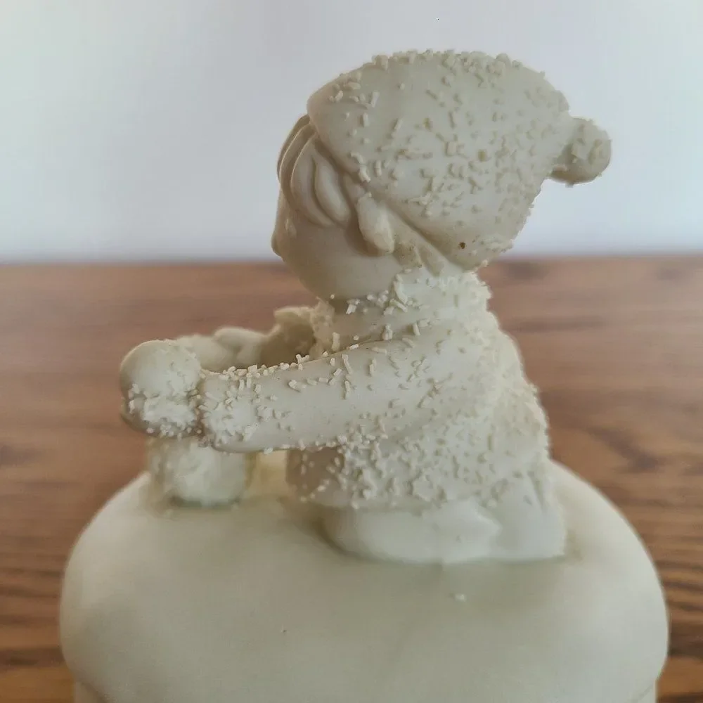 Porcelain Bisque Holiday Christmas Music Box Boy Building Snowman 